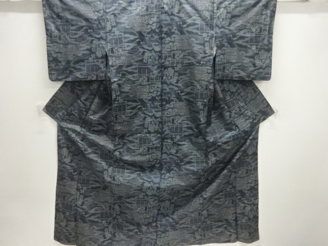 JAPANESE KIMONO / UNUSED / SILK / DORO OSHIMA TSUMUGI / WOVEN STREAM & SCENERY OF HOUSES